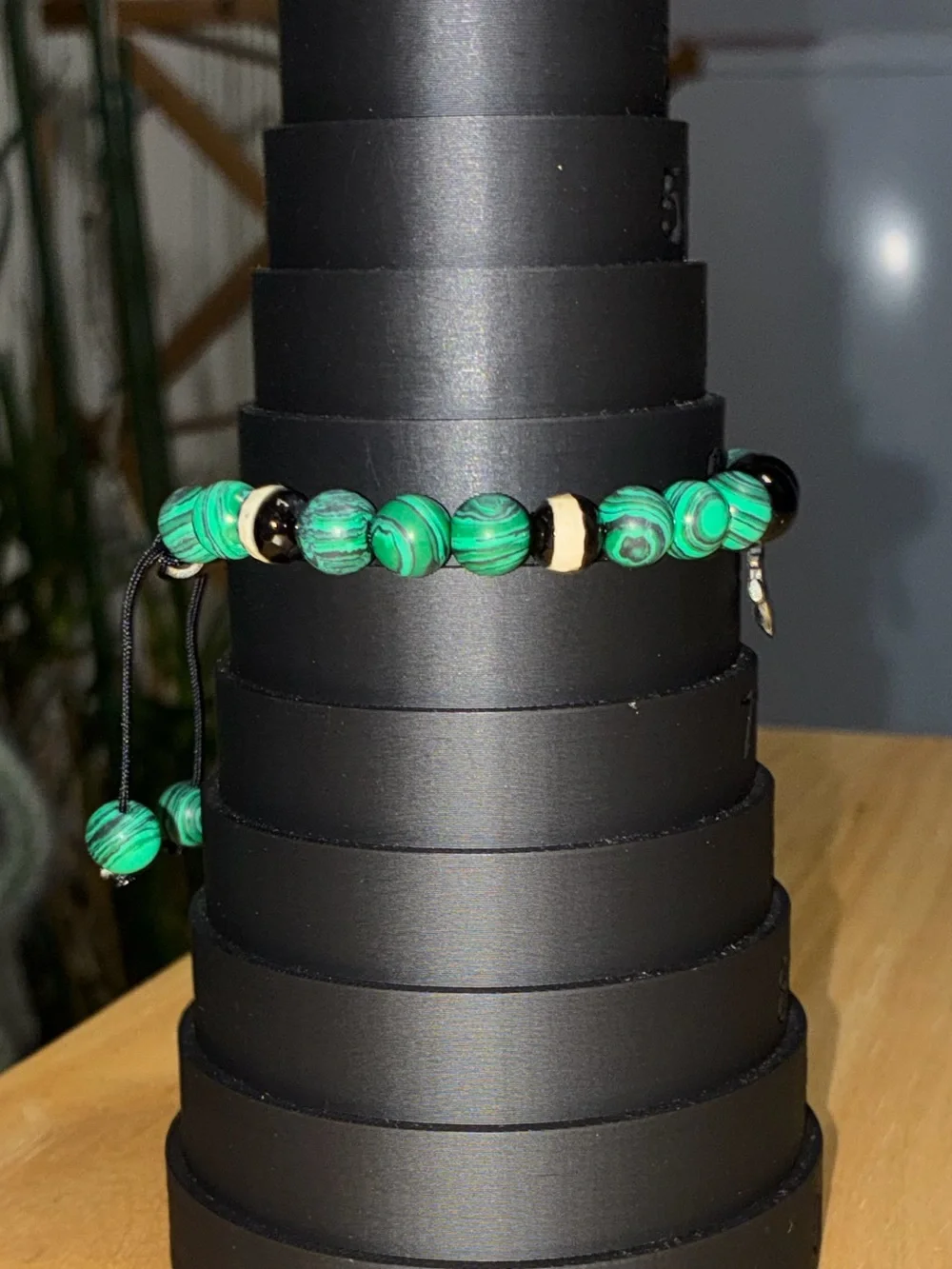 Steve Madden Malachite & Black Onyx Bead Anchor Charm Adjustable Bracelet